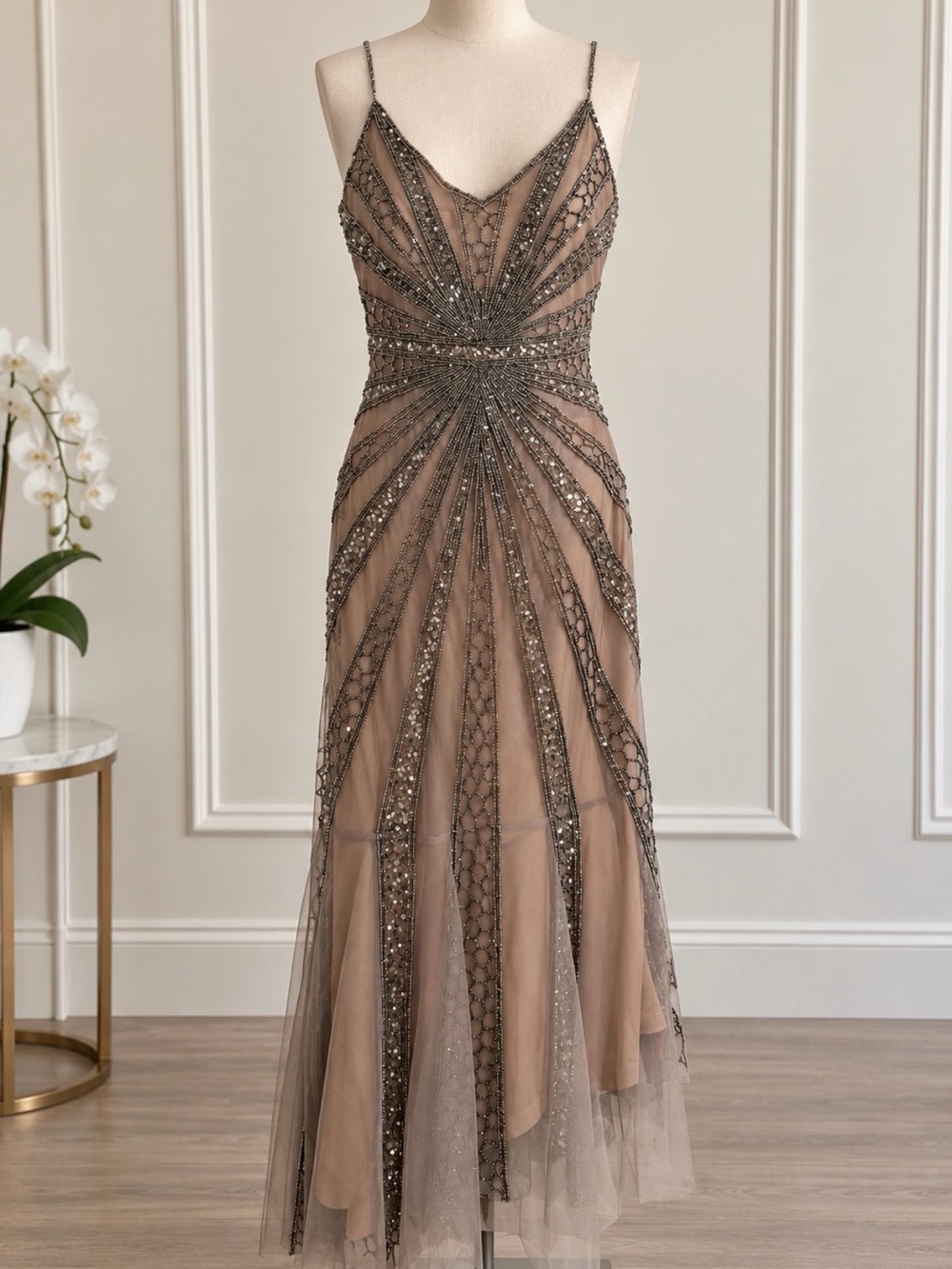 Beaded Taupe Prom Gown with Sparkle Detail